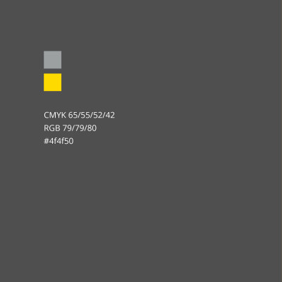 Farbspezifikationen des Corporate Designs von Casa Nova Ulm: Ein dunkelgrauer Hintergrund mit Farbfeldern in Grau und Gelb sowie den Werten für CMYK, RGB und Hex-Code (#4f4f50)