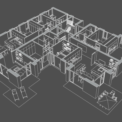 Isometrischer 3D-Grundriss als weißes Drahtgittermodell auf grauem Hintergrund, der die detaillierte Raumaufteilung eines modernen Wohnhauses von Casa Nova Ulm visualisiert