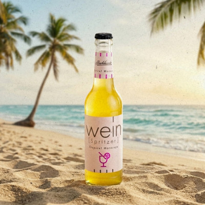 Tropical Maracuja Getränk von Burkhardt inszeniert an einem Sandstrand mit Palme und Meer