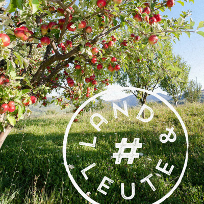 Ein sonniger Apfelbaum voller roter Früchte auf einer grünen Streuobstwiese vor Hügellandschaft, überlagert vom weißen kreisförmigen ‚Land & Leute‘-Logo mit Hashtag
