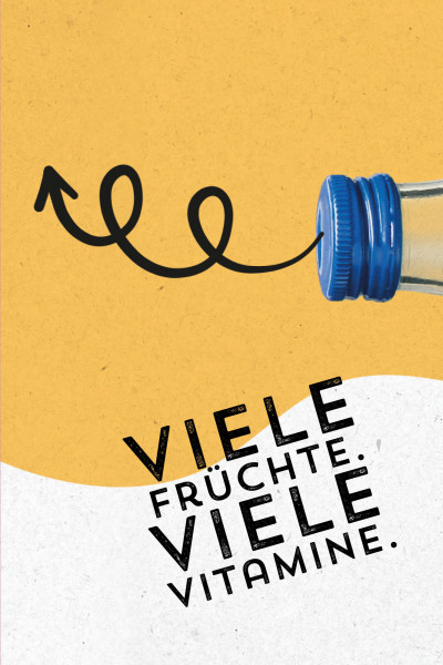 Werbeplakat von Burkhardt Fruchtsäfte auf gelb-weißem Grund: Eine abstrakte schwarze Linie verläuft in Schleifen aus einer Flasche mit blauem Deckel nach oben, darunter der Slogan ‚VIELE FRÜCHTE. VIELE VITAMINE.‘