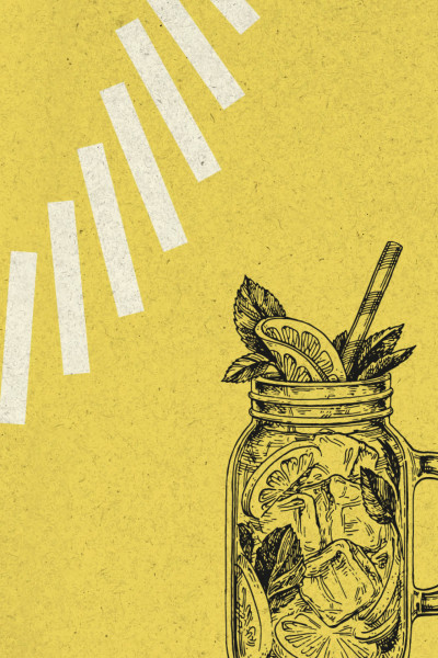 Grafische Skizze eines servierten Eistee-Glases mit Eiswürfeln und Minze