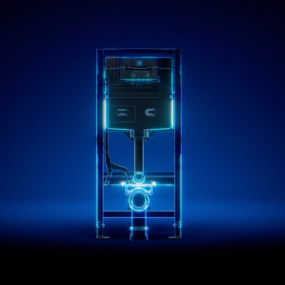 Blaue, futuristische Röntgen-Visualisierung des neuen Geberit Duofix Sanitärelements mit leuchtenden Konturen und technologischen Energiebahnen