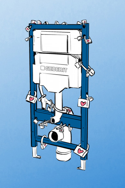 Grafische Illustration eines blauen Geberit Duofix, an dessen Rahmen zahlreiche Vorhängeschlösser mit Herz-Symbolen befestigt sind, auf hellblauem Hintergrund