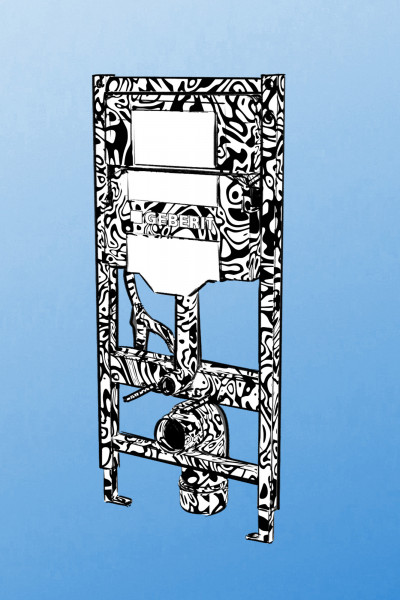 Illustrierte Darstellung eines Geberit Duofix in einem schwarz-weißen Camouflage-Muster auf hellblauem Hintergrund