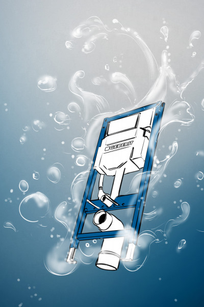 Grafische Illustration eines blauen Geberit Duofix, das von spritzendem Wasser, Wellen und Luftblasen auf einem blau-grauen Hintergrund umgeben ist