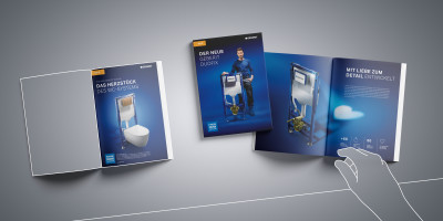 Drei Geberit Broschüren präsentieren den neuen Geberit Duofix als Herzstück des WC-Systems mit Fokus auf Technik und Detailgenauigkeit