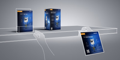 Visualisierung von Geberit Duofix Werbematerialien am Verkaufsregal, bestehend aus einer Broschüre, einer Produktbox und einem Regal-Wobbler
