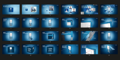 Übersichtstafel der Geberit Duofix 2025 Kampagne mit 24 Kacheln, die Themen wie 60 Jahre Erfahrung, Nachhaltigkeit mit -10% CO2, Flexibilität und einfache Montage für Profis visualisieren