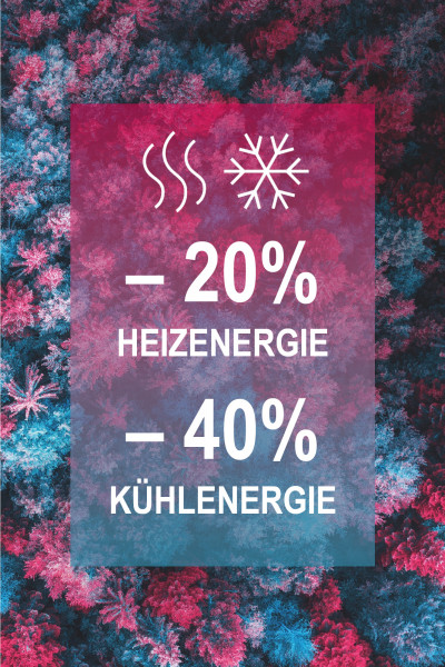 Das Bild zeigt wie viel Prozent weniger Heizenergie und Kühlenergie dank der Envola Wärmepumpen benötigt wird.