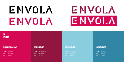 Das Bild zeihte die Corporate Desin Farben und das Logo in verschiedenen Ausführungen von Envola
