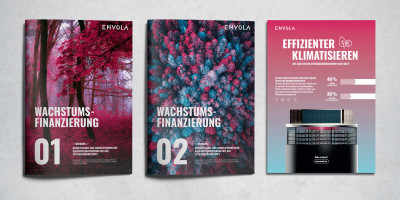 Das Bild zeigt ein MockUp der 3 verschiedenen Broschüren für Envola