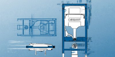 Technische Zeichnung des Geberit Duofix in drei Ansichten auf blauem Konstruktionshintergrund mit dem markanten Geberit-Logo auf dem Spülkasten