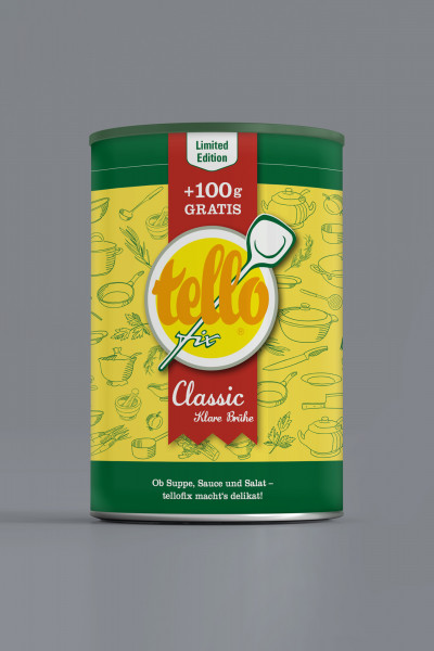 Gelb-grüne Vorratsdose von tellofix Classic Klare Brühe (Limited Edition) mit der Aufschrift ‚+100g GRATIS‘ auf einem roten Banner und illustrierten Küchenmotiven