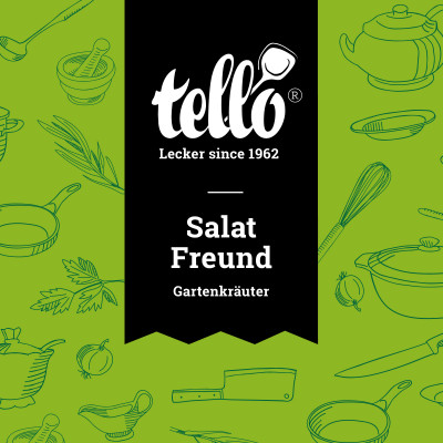 Grafische Illustration von tellofix Salat Freund Gartenkräuter: Ein schwarzes Banner mit dem weißen Tello-Logo auf hellgrünem Grund, umgeben von Küchenutensilien-Skizzen