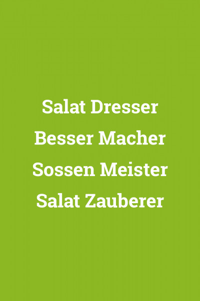 Grafik von tellofix auf grünfarbenem Grund mit einer weißen Liste von Produktversprechen: Salat Dresser, Besser Macher, Sossen Meister, Salat Zauberer