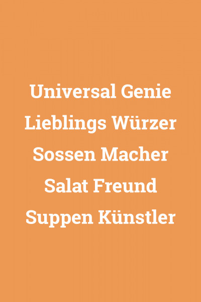 Grafik von tellofix auf orangefarbenem Grund mit einer weißen Liste von Produktversprechen: Universal Genie, Lieblings Würzer, Sossen Macher, Salat Freund und Suppen Künstler