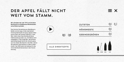 Webseiten-Detail von Burkhardt Fruchtsäfte: Ein historischer Text zur Firmengründung 1919 unter dem Motto ‚Der Apfel fällt nicht weit vom Stamm‘, ergänzt durch Icons für Zutaten und Gebindegrößen